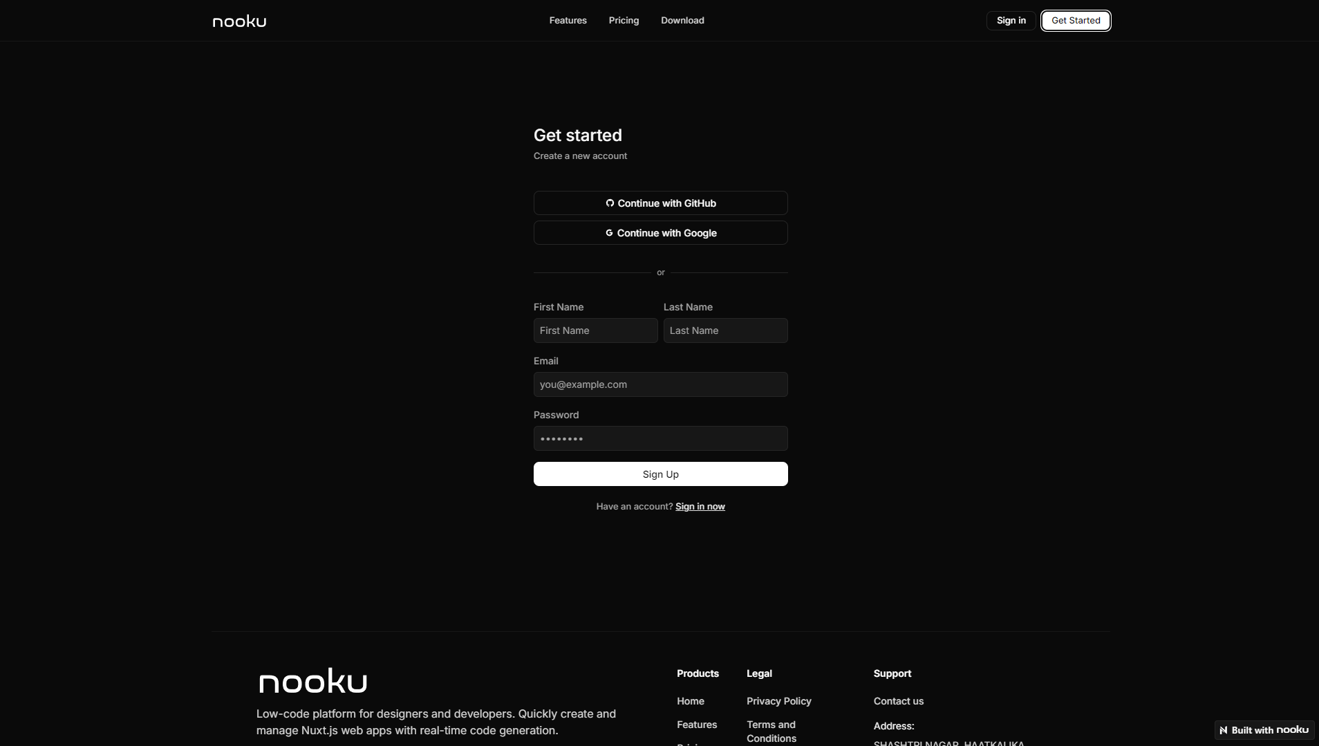 sign up page